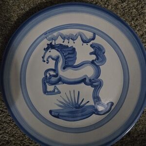 M.A. Hadley, Blue and White Ceramic Plate with Horse Design